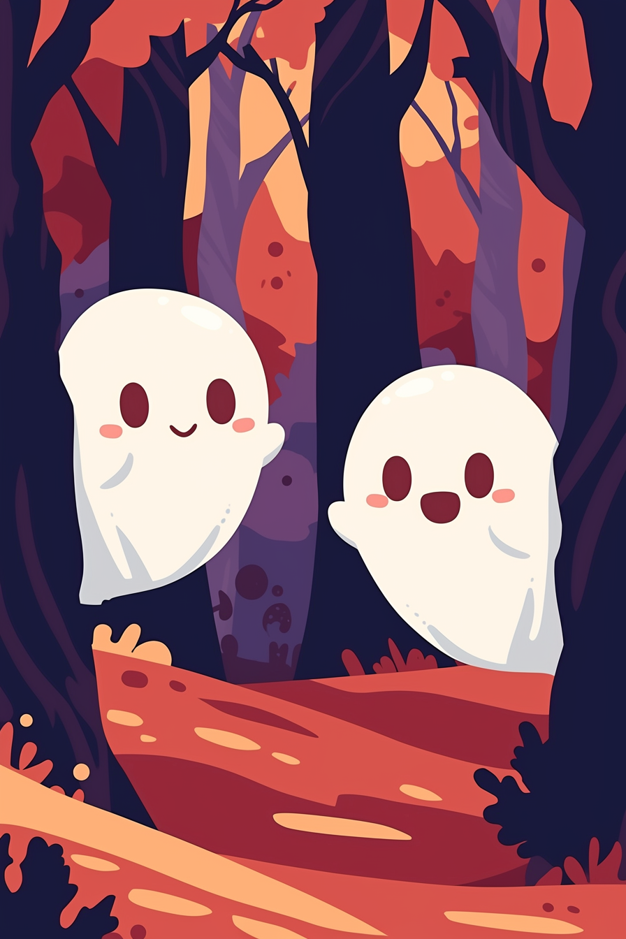 cute halloween drawings for kids featuring two friendly ghosts peeking out from behind trees in a colorful, autumnal forest.